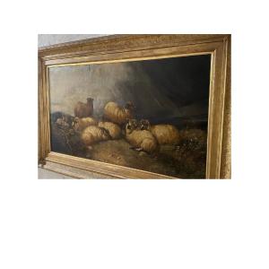 Huile sur toile paesage avec mouton