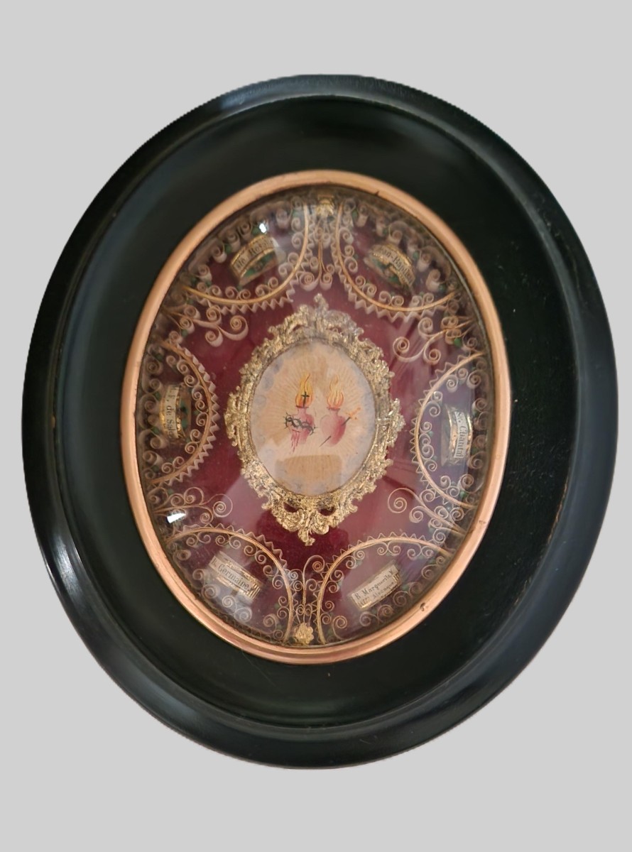 Reliquary Of The Sacred Hearts Of Jesus And Mary - 6 Relics - 19th Century 