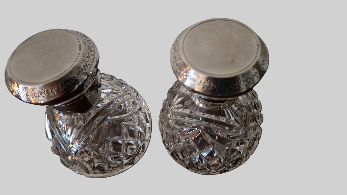 Paire De Flacons A Parfum En Cristal Et argent Massif - XIXème-photo-3