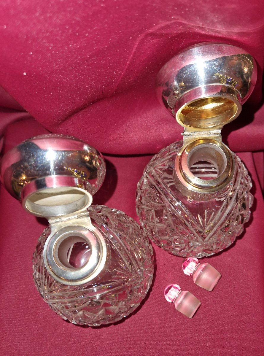 Paire De Flacons A Parfum En Cristal Et argent Massif - XIXème-photo-7