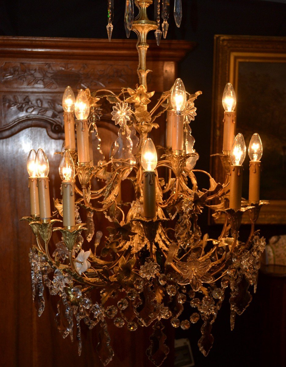 Lustre d'Eglise Du XIXème Siècle, En Bronze Et Cristal-photo-1