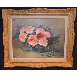 Still Life "the Bouquet Of Roses" Signed "h. Miloche"