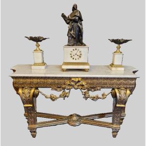 Console De Style Louis XVI En Bois Doré et Sculpté - XIXème Siècle