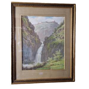Large 19th Century Pastel - "the Waterfall" - Monogrammed Fb
