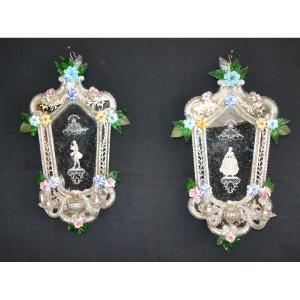 Paire De Grands Miroirs Appliques Venitiennes