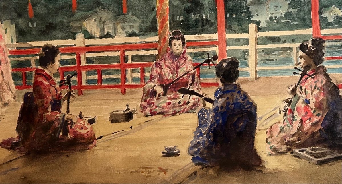 Amédée Prévost (Actif au XIXe et au XXe siècle) "Les geishas jouant du shamisen" -photo-4
