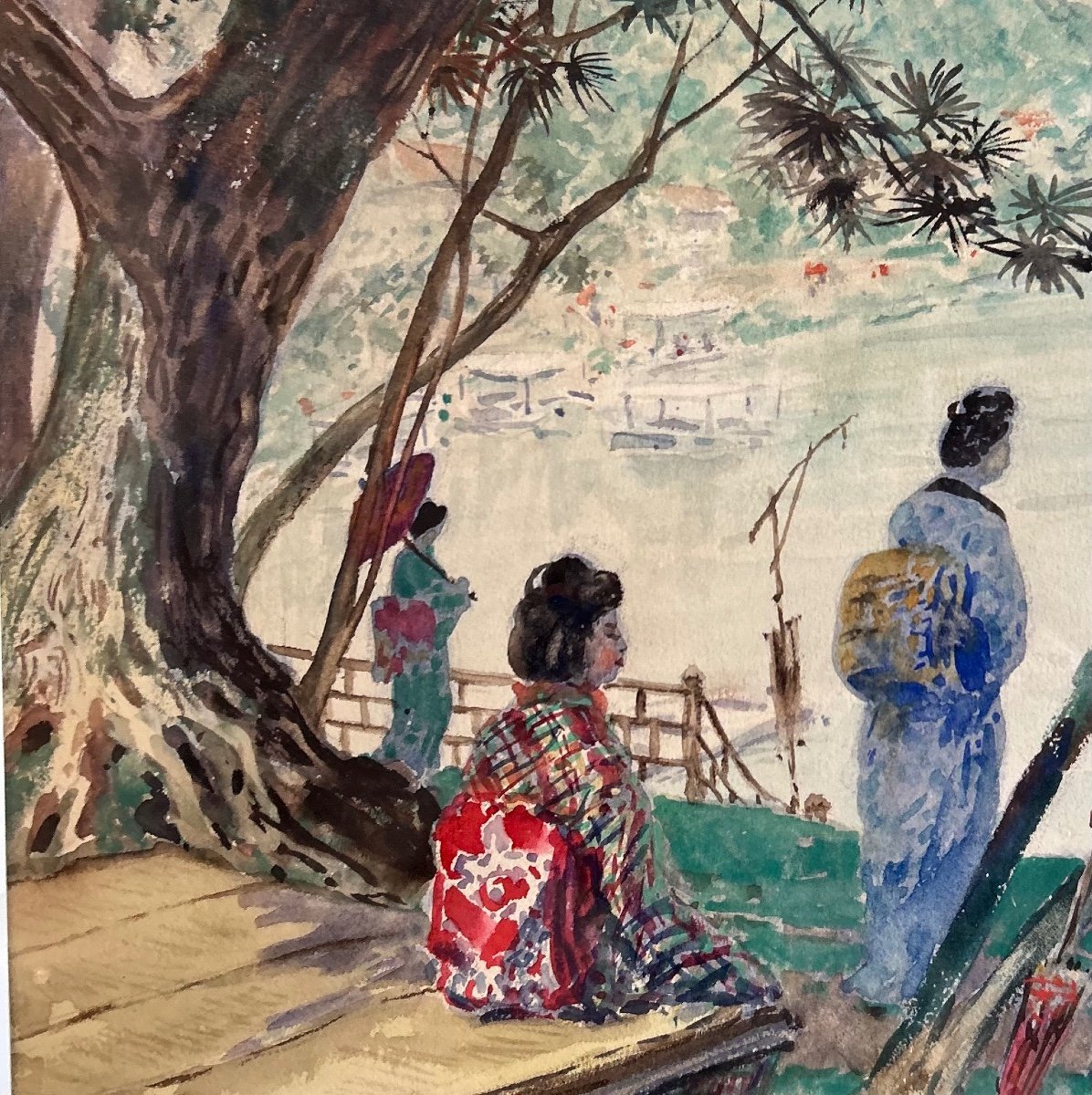 Amédée Prévost (Actif au XIXe et au XXe siècle) "Des geishas en kimono fleuri au bord de l'eau"-photo-2