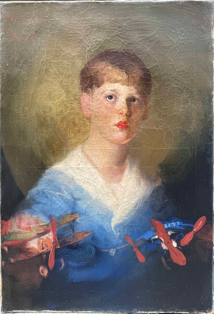 Paul Chmaroff ( Voronej, 1874 -  Boulogne-billancourt, 1950)-Portrait d'Un Jeune Homme aux avions 