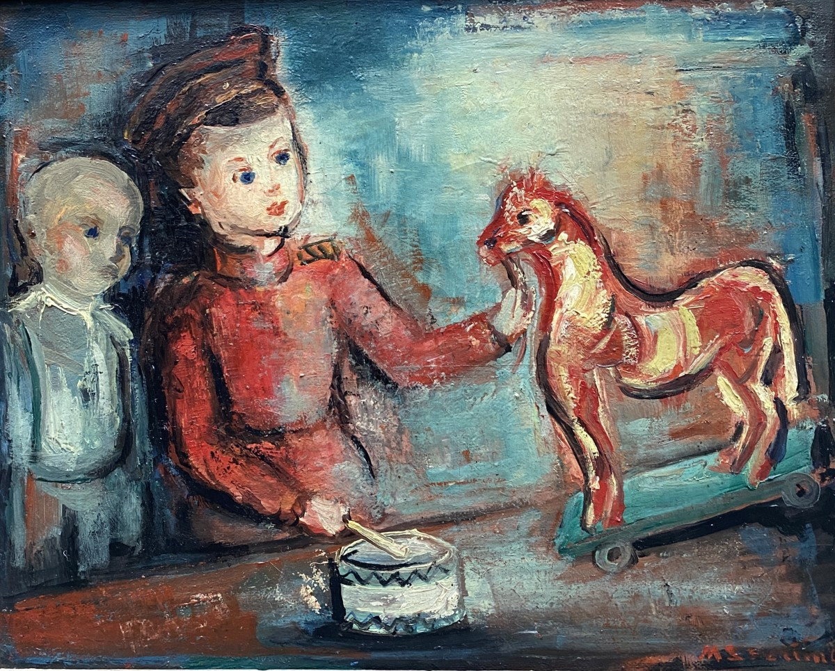 Marc Sterling (1895 Prylouky - 1976) Pologne Enfants au tambour et cheval à roulettes 