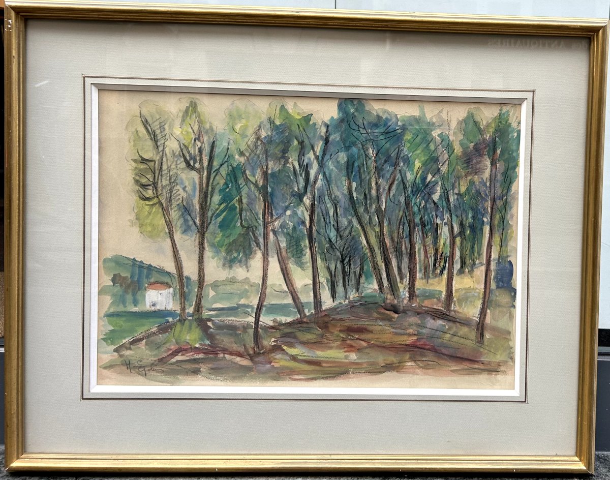 Henri Epstein Landscape With Trees And House, Mixed Media On Paper-photo-2