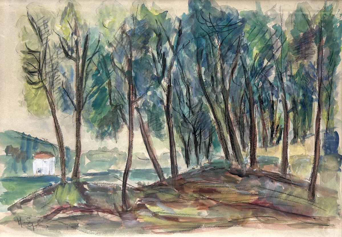 Henri Epstein Landscape With Trees And House, Mixed Media On Paper-photo-3