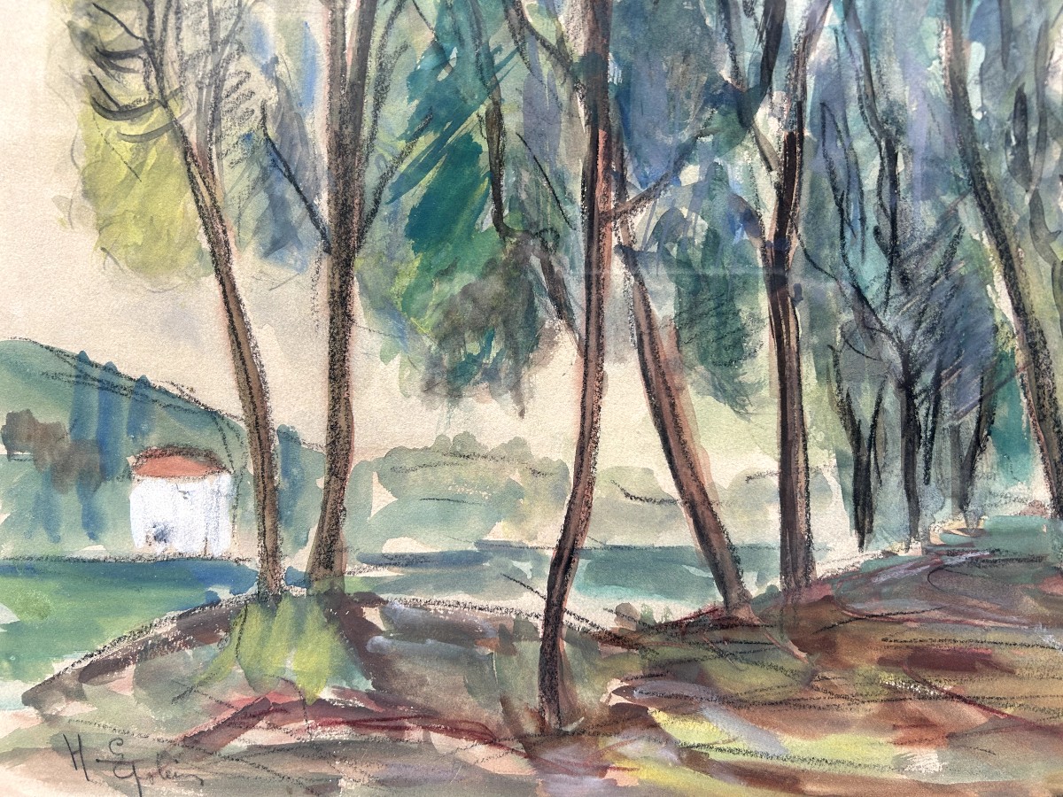 Henri Epstein Landscape With Trees And House, Mixed Media On Paper-photo-1