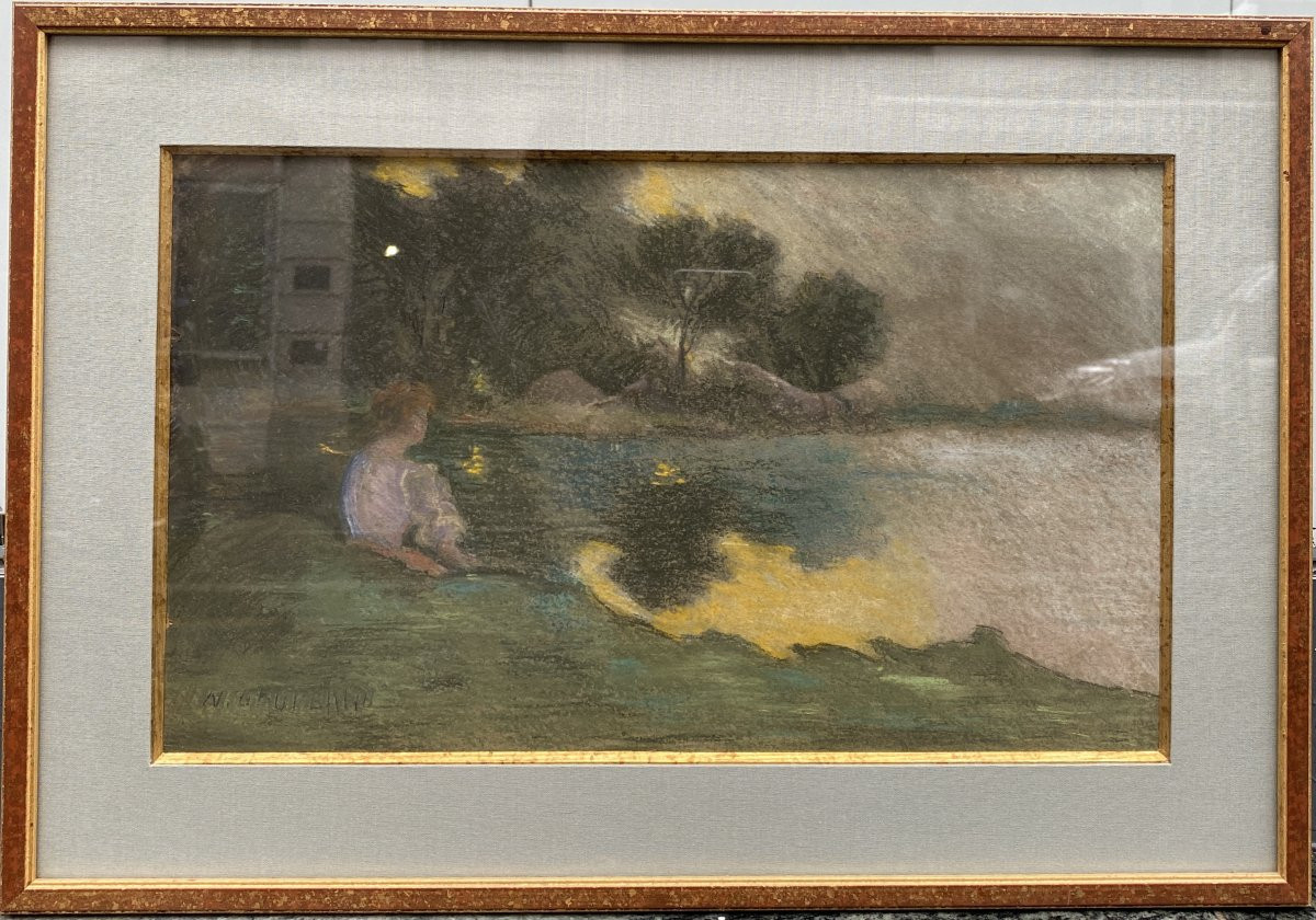 Nicolae Orval Gropeanu ( 1863 Bacău - 1936 Paris) Roumanie Jeune femme au bord d'un lac -photo-3