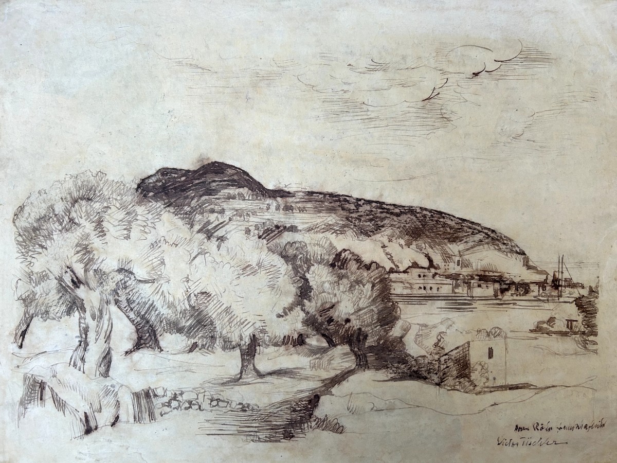 Victor Tischler Landscape, Brown Ink On Paper, Austrian