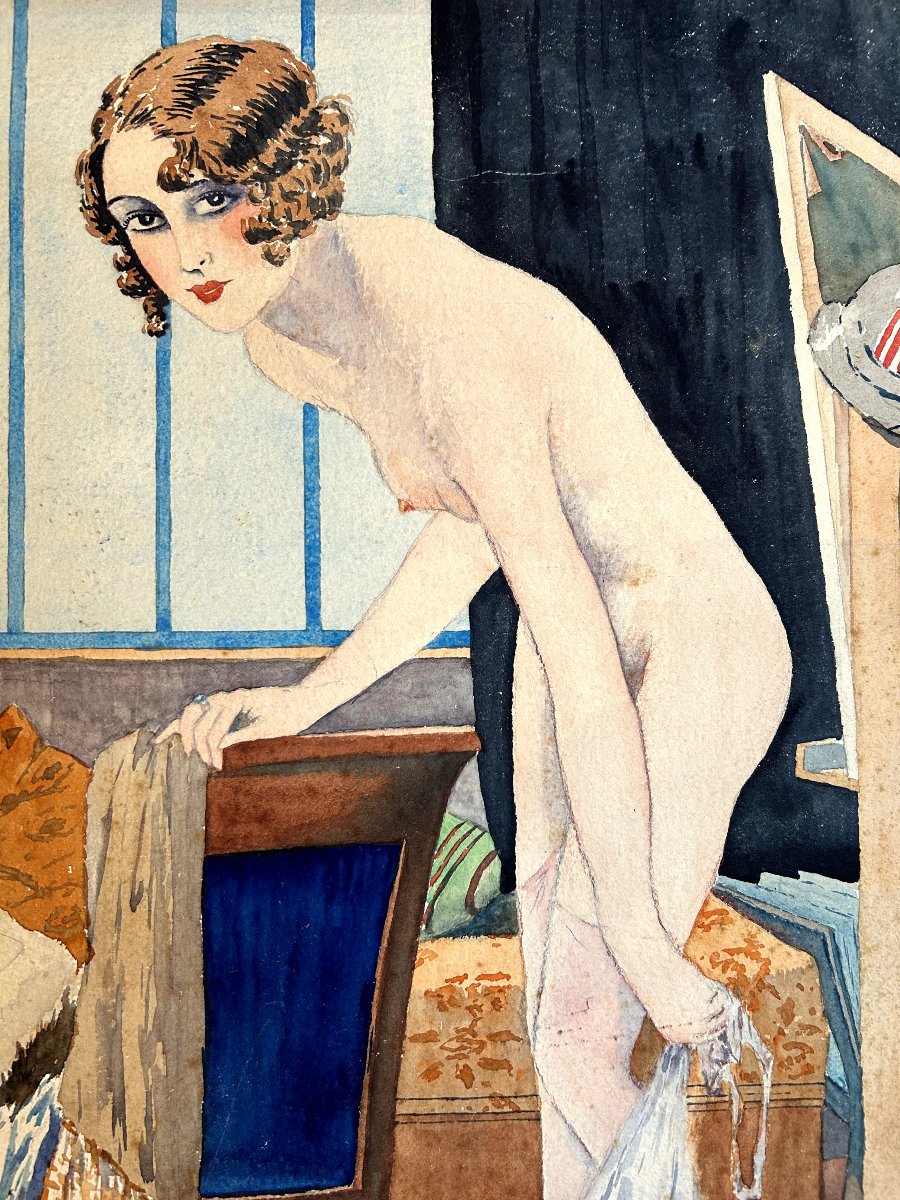 French School Model In The Artist's Studio, Watercolor On Thin Cardboard -photo-2