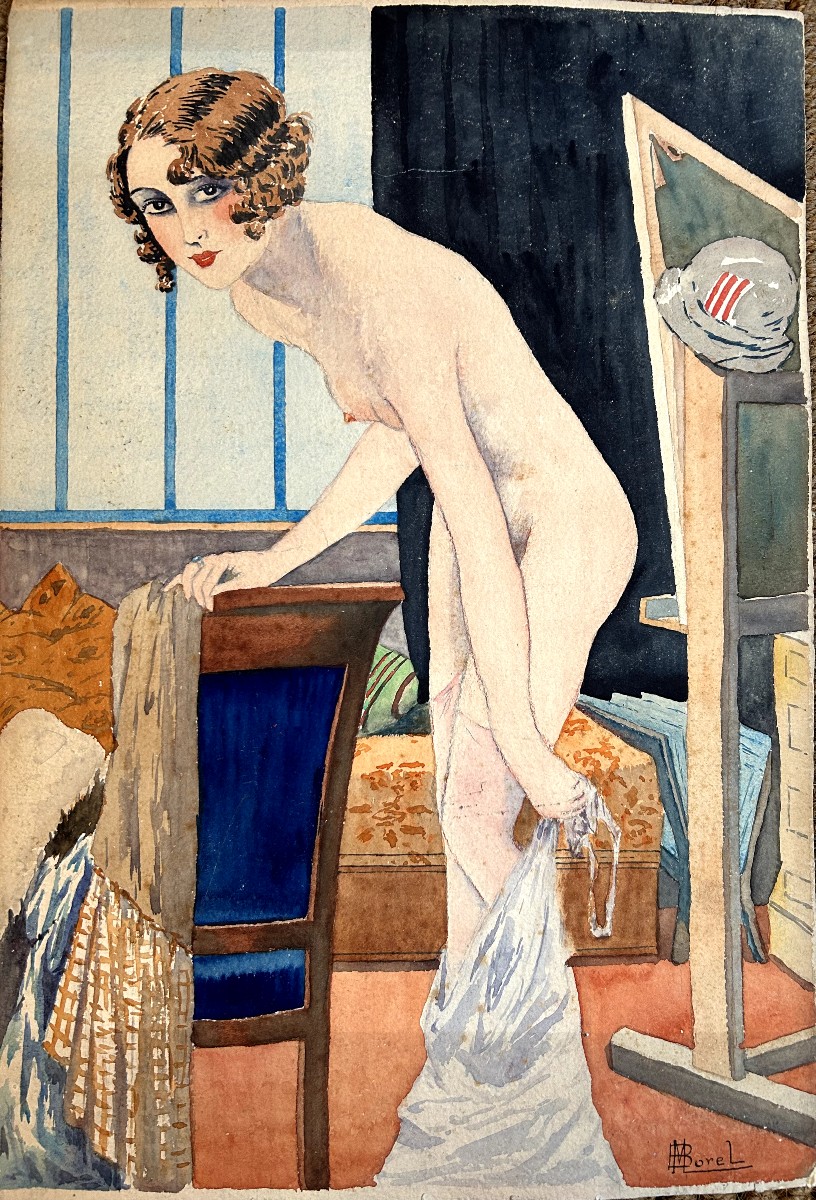 French School Model In The Artist's Studio, Watercolor On Thin Cardboard 