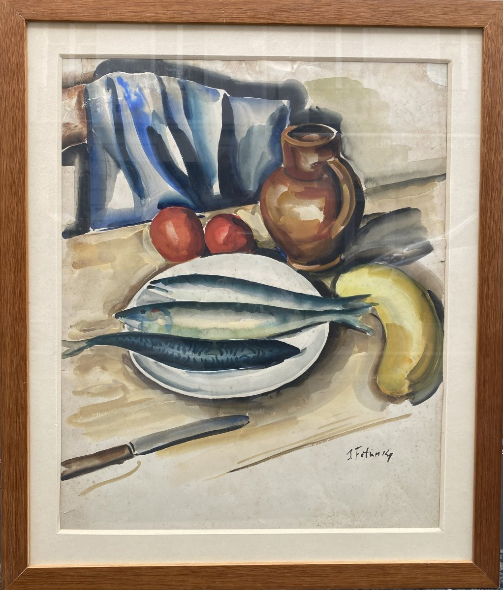 Serge Fotinsky (1887 Odessa - 1971 Paris) Ukraine Still Life With Jug And Fish -photo-4