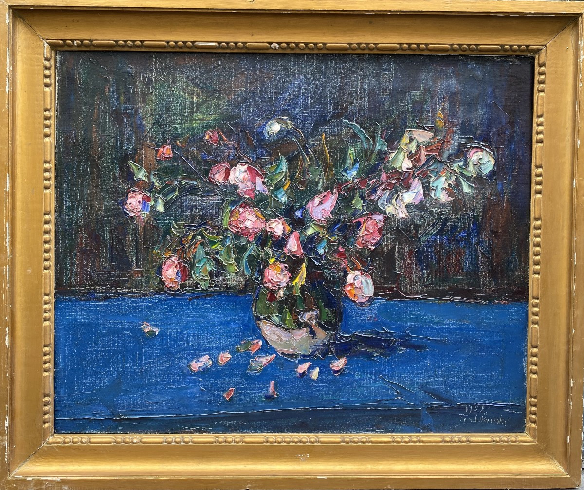 Wladimir de Terlikowski (Poraj 1873 - Paris 1951) Pologne Bouquet de roses sur fond bleu -photo-1
