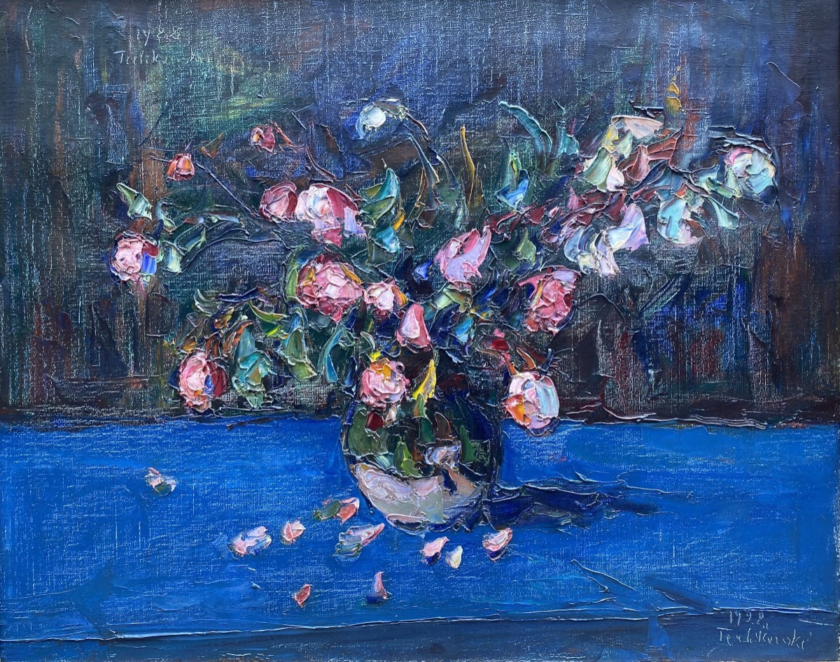 Wladimir de Terlikowski (Poraj 1873 - Paris 1951) Pologne Bouquet de roses sur fond bleu 