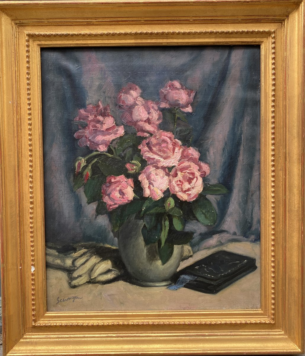 Lucien Seevagen (Chaumont 1887 - Île-de-Bréhat 1959) Bouquet de roses aux gants blancs-photo-4