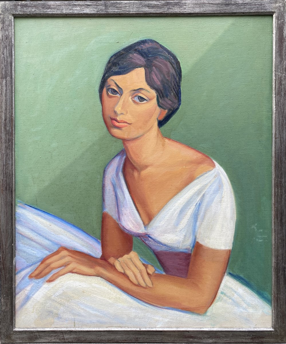 American School 20th Century Portrait Of A Seated Young Woman-photo-3