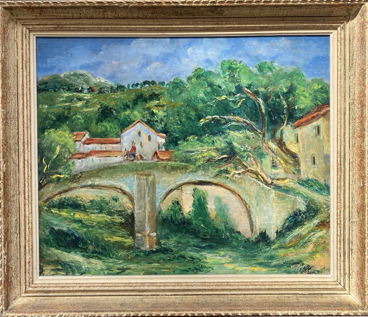 Isaac Païles (1895 Kiev - 1978 Paris) Ukraine Landscape With Bridge And Red Roofs In Corsica-photo-3