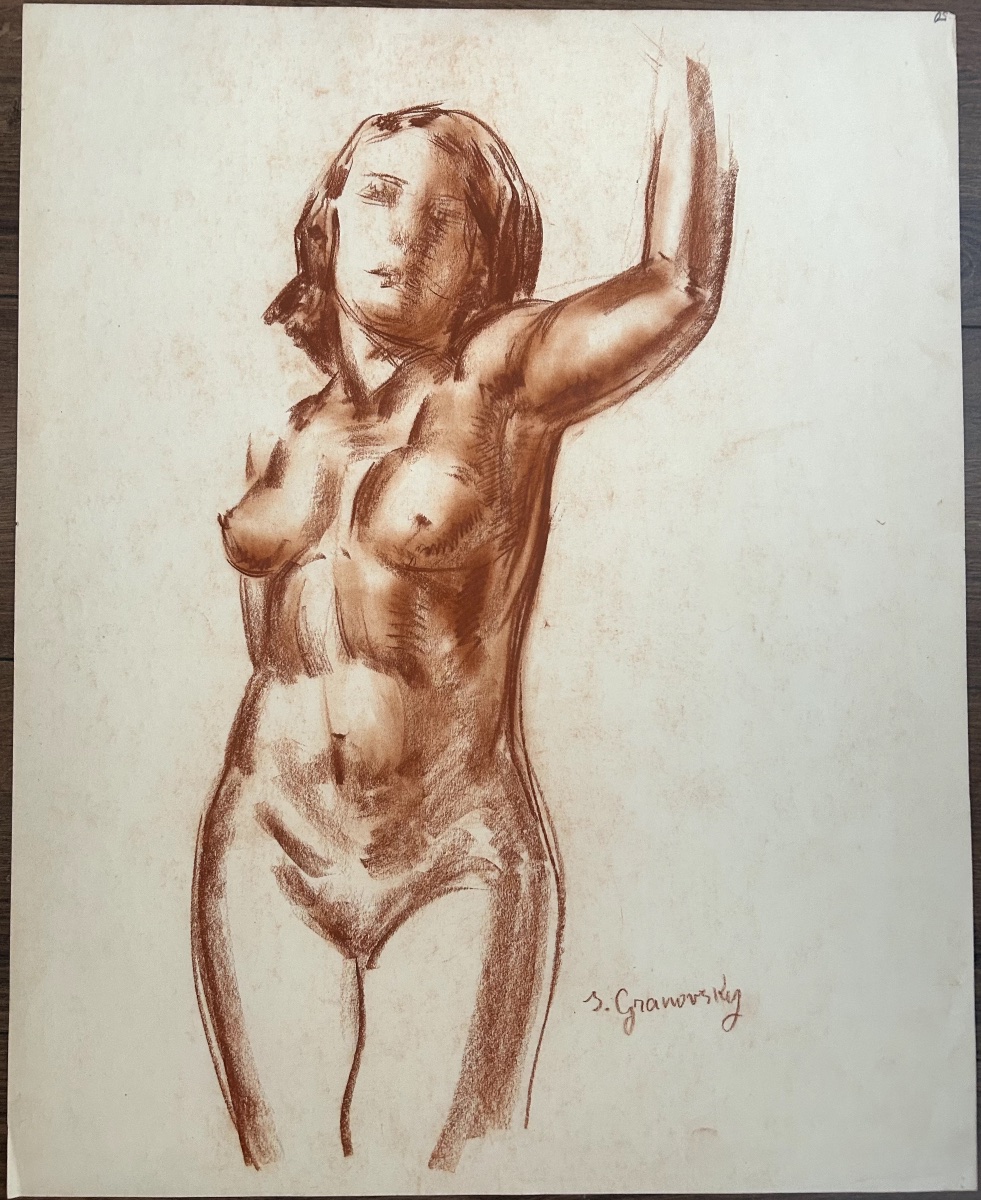 Samuel Granovsky (ekaterinoslav 1889 - Auschwitz 1942) Ukrainian Standing Nude Red Chalk On Paper