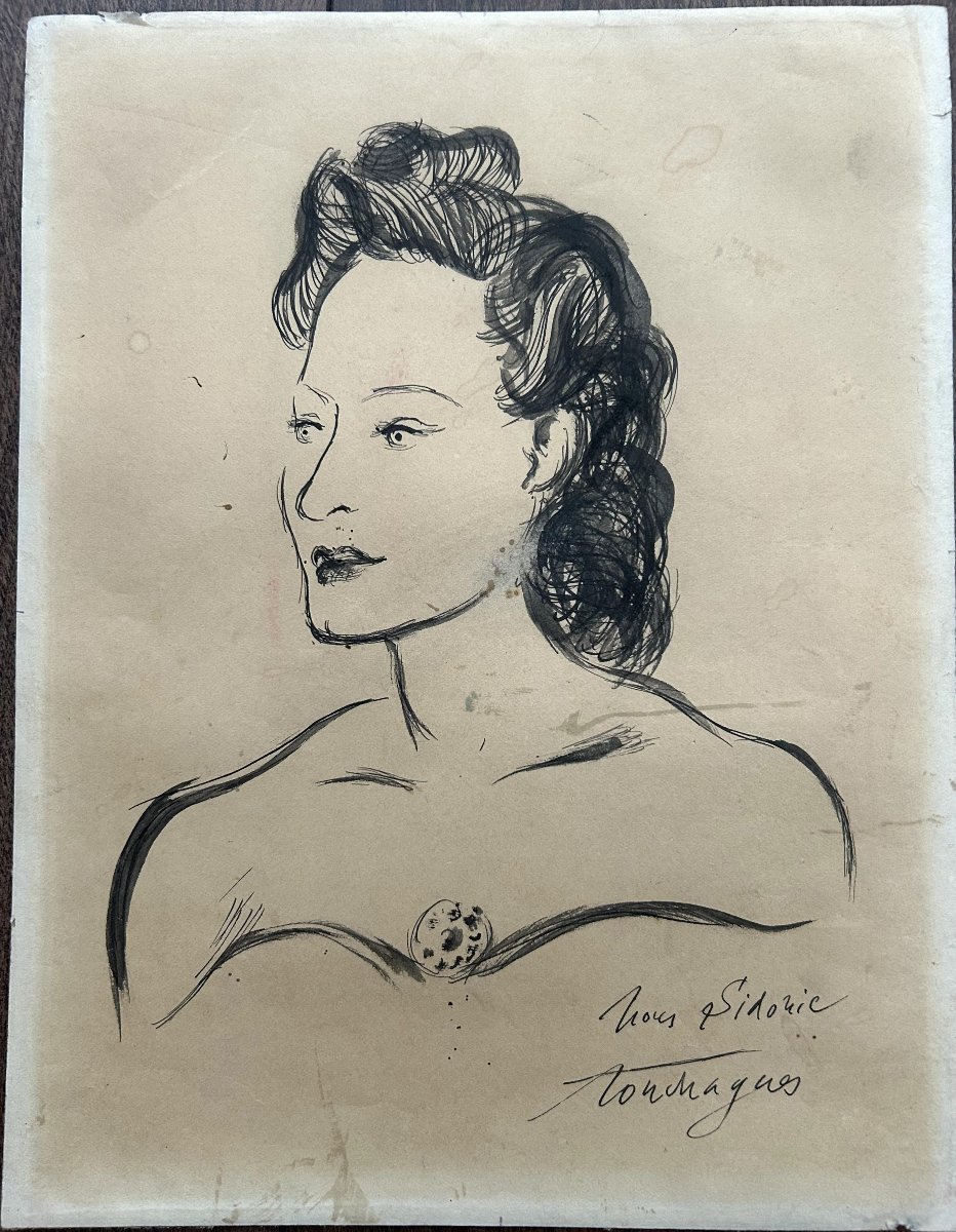 Louis Touchagues (saint Cyr Au Mont d'Or 1893- Paris 1974) Portrait Of Nour Sidonic Ink On Paper