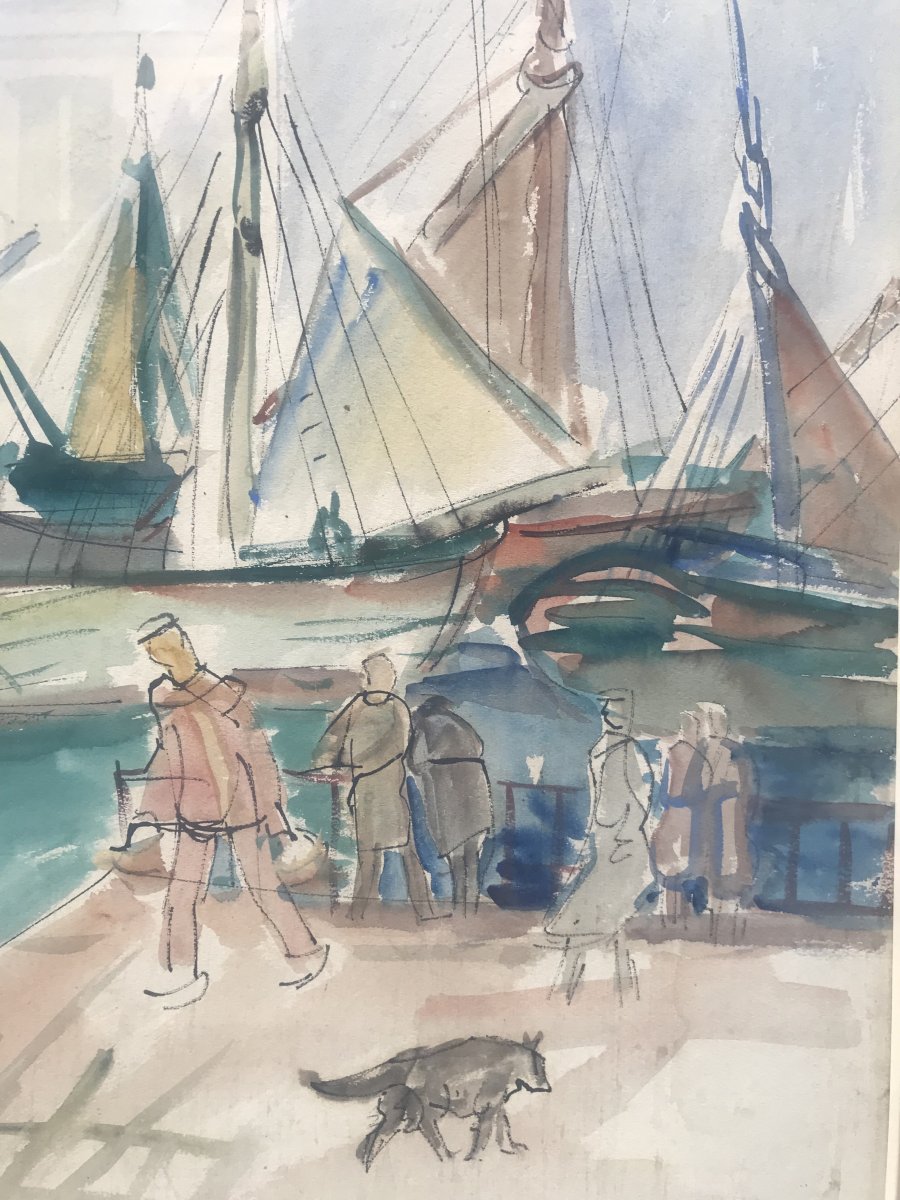 Henri Epstein Port Animé En Bretagne Aquarelle Sur Papier -photo-2