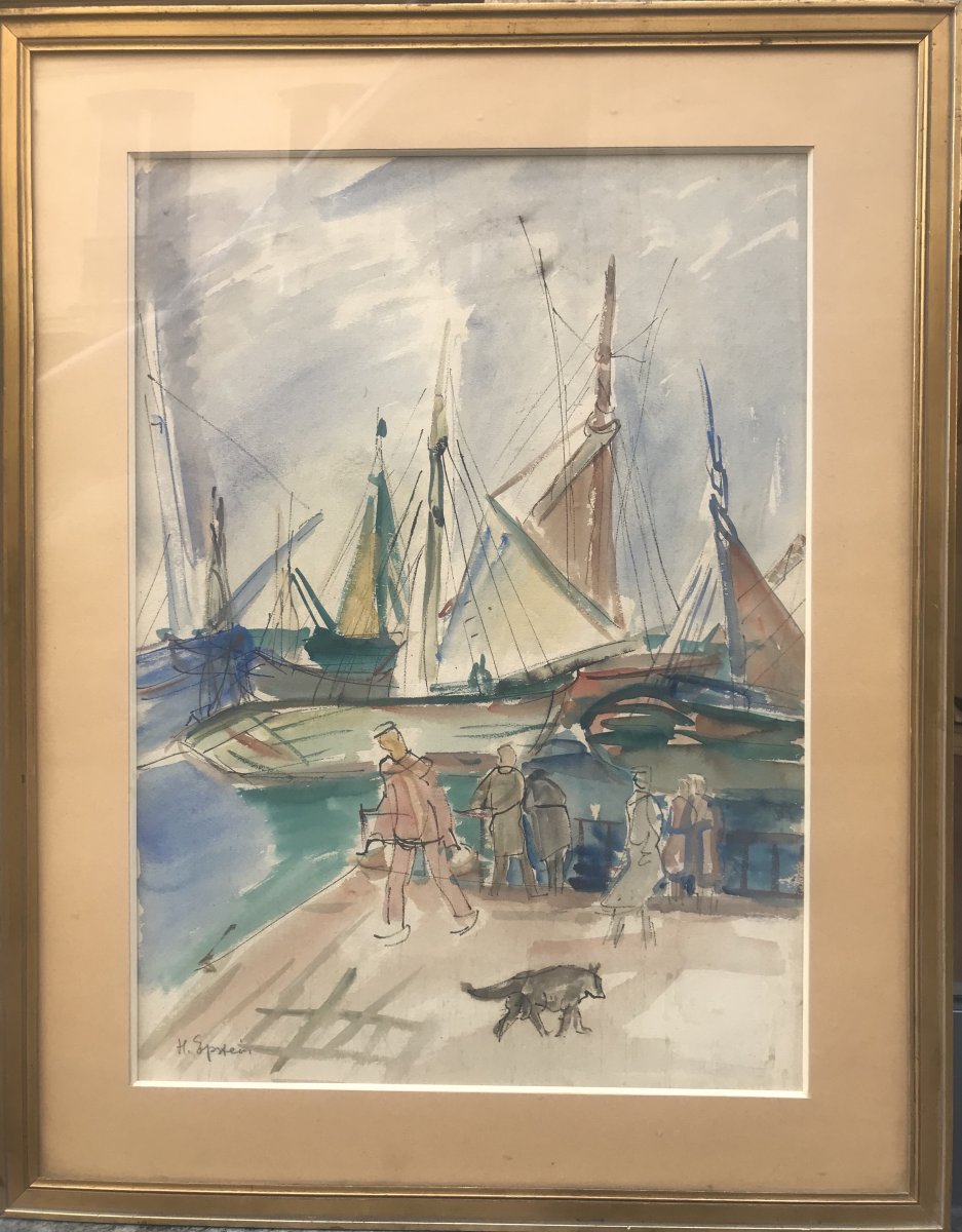 Henri Epstein Port Animé En Bretagne Aquarelle Sur Papier 