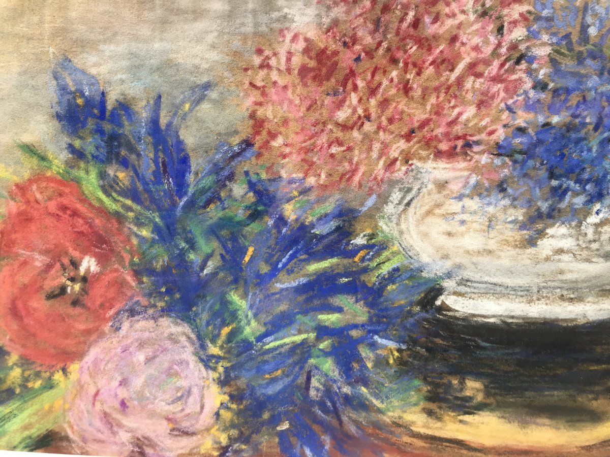 Anna De Noailles Hortensias Coquelicots Et Marguerites Pastel Sur Papier -photo-4