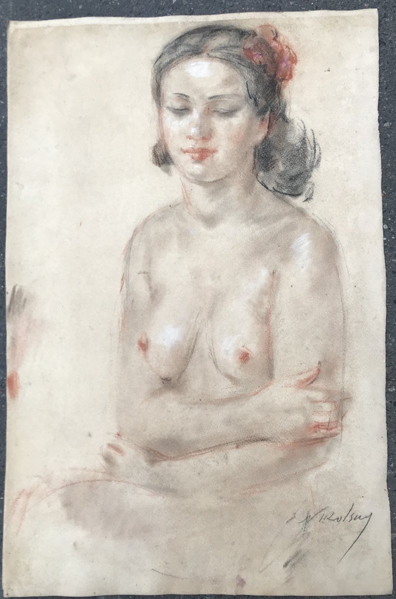 Eugène Nikolsky Naked Young Woman Sitting Pastel And Grease Pencil On Paper-photo-2