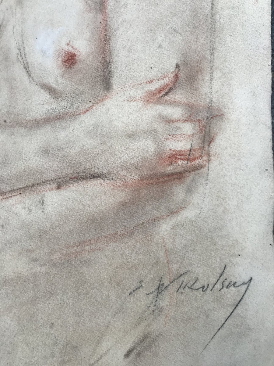 Eugène Nikolsky Naked Young Woman Sitting Pastel And Grease Pencil On Paper-photo-3