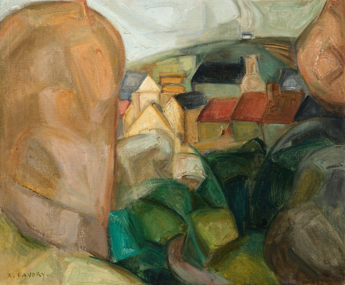 André Favory Rochers et village cubistes à Ploumanach Bretagne Huile Sur Toile