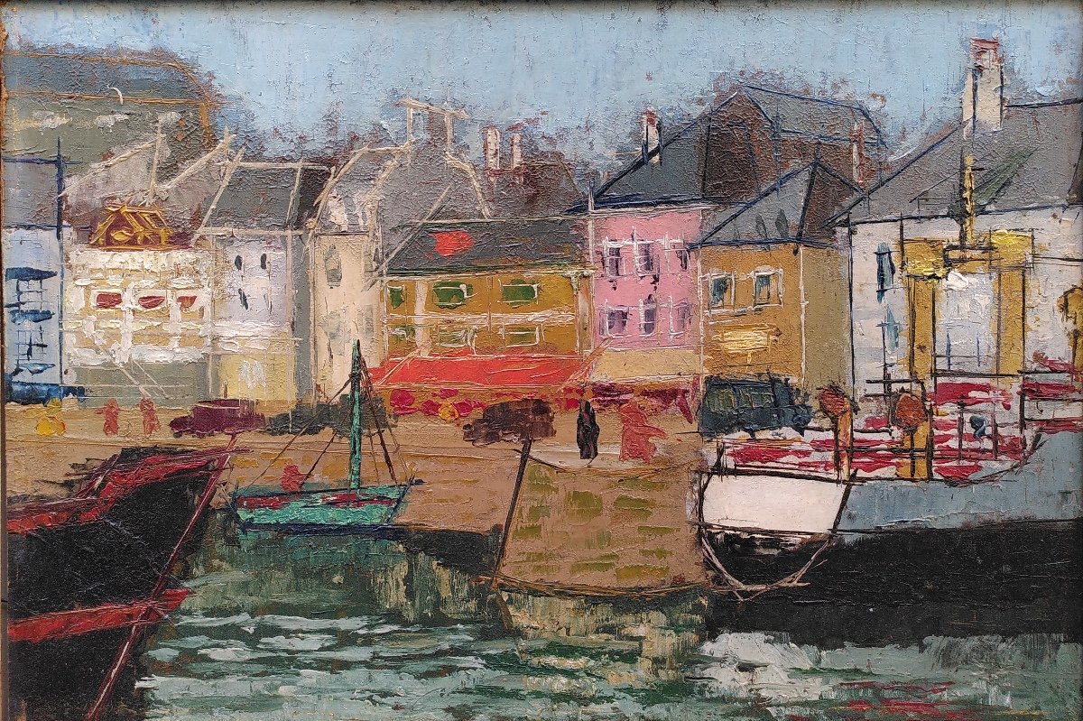 Lancelot Ney (1900 - 1965), Port Breton, Huile Sur Isorel-photo-2