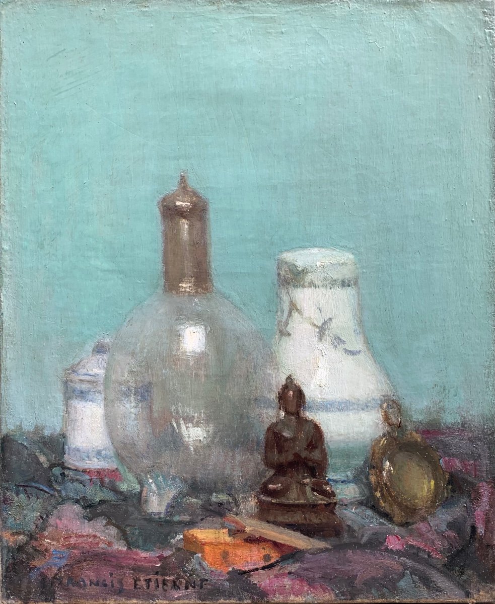 Francis Paul Etienne (1874-1960), Nature morte au Buddha et vase de porcelaine, 1953-photo-2