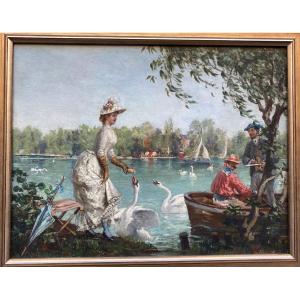 Paul Merwart (1855-1902) The Painter And Elegant Near The Seine 