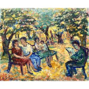Nathan Gutman (1914-1990) Scène de parc Pologne Varsovie 