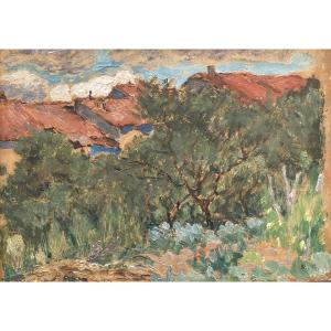 Piotr Alexandrovitch Nilous (1869-1943) Russe Les maisons aux toits rouges 