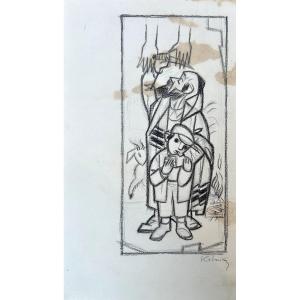 Artur Kolnik Jewish Scene Drawing 