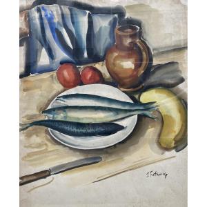 Serge Fotinsky (1887 Odessa - 1971 Paris) Ukraine Still Life With Jug And Fish 