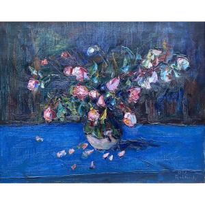 Wladimir de Terlikowski (Poraj 1873 - Paris 1951) Pologne Bouquet de roses sur fond bleu 