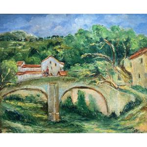 Isaac Païles (1895 Kiev - 1978 Paris) Ukraine Landscape With Bridge And Red Roofs In Corsica