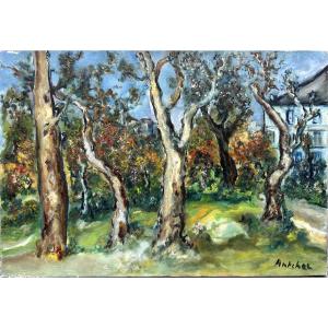 Isaac Antcher peintre Moldave Les arbres près de la propriété huile sur toile