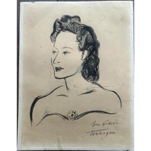 Louis Touchagues (saint Cyr Au Mont d'Or 1893- Paris 1974) Portrait Of Nour Sidonic Ink On Paper
