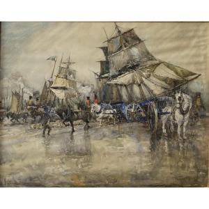 Frank Will (nanterre 1900 – Clichy 1950) Horse-drawn Carriages At The Port Of Dieppe