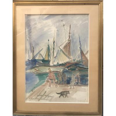 Henri Epstein Port Animé En Bretagne Aquarelle Sur Papier 