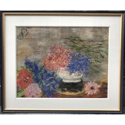 Anna De Noailles Hortensias Coquelicots Et Marguerites Pastel Sur Papier 