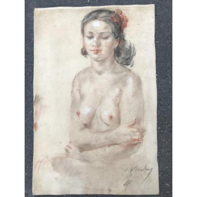 Eugène Nikolsky Naked Young Woman Sitting Pastel And Grease Pencil On Paper