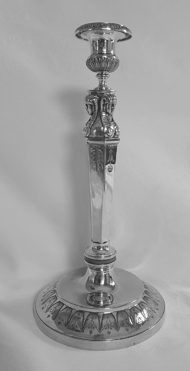 Large Candlestick In Sterling Silver, First Empire By Goldsmith Lefranc In Paris.